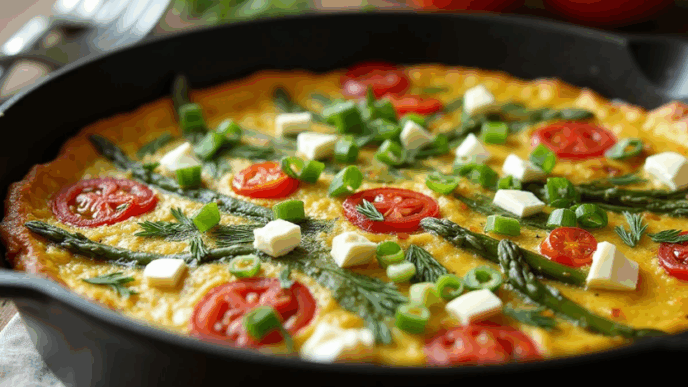 Фрітата зі спаржею, помідорами чері та фетою легкий рецепт для будь-якого часу дня