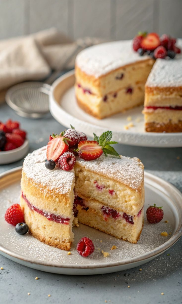 Бісквітний торт із сезонними фруктами та промиткою