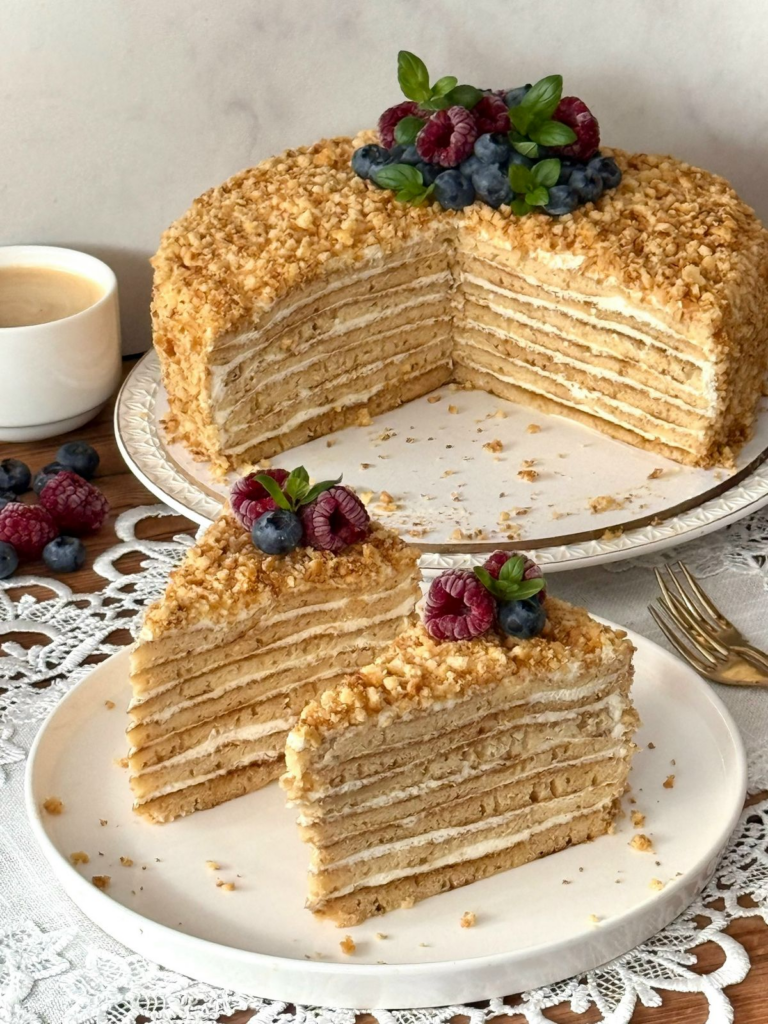 Медовик на тарілці,прикрашений ягодами